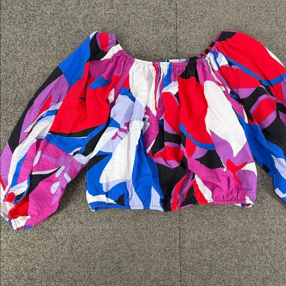 Nine West Top Wm Small Multicolor Off-Shoulder Blouse Balloon 3/4 Sleeve